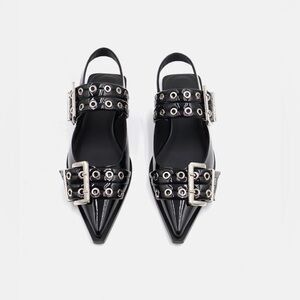 New JEFFREY CAMPBELL “Debb” Black Patent Lather Slingback Flat SZ 9.5